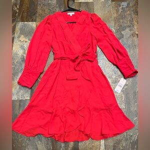Nanette Lepore Red Wrap Midi Dress with Bishop Sleeve